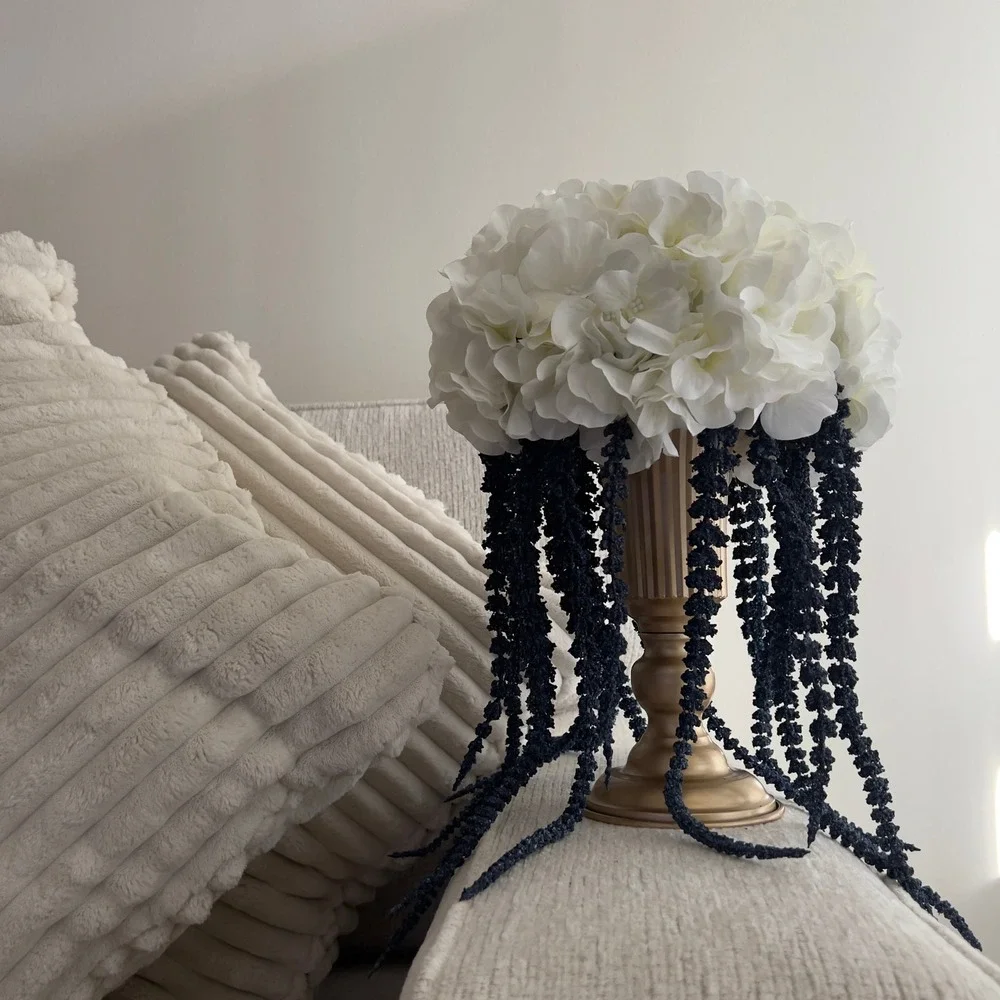 White Hydrangea and Blue Cascading Floral Centerpiece Arrangement in‎ Gold Urn